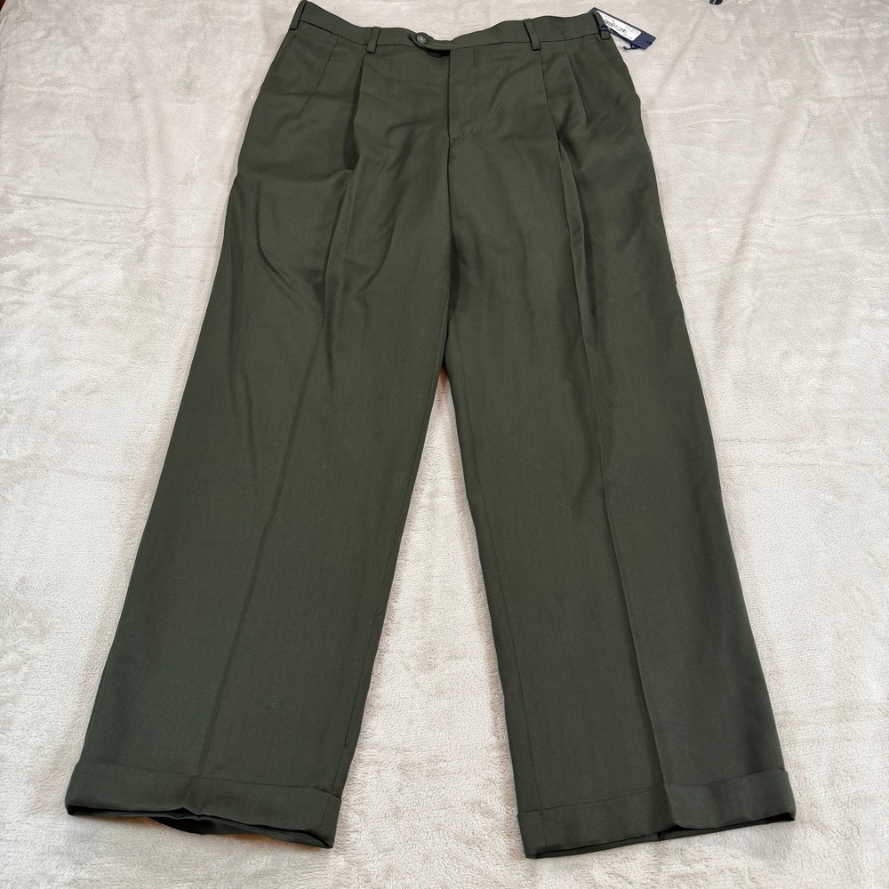 NEW Barry Bricken Mens 36x30 Olive Green Wool Pleated Cuffed Dress Pants Formal